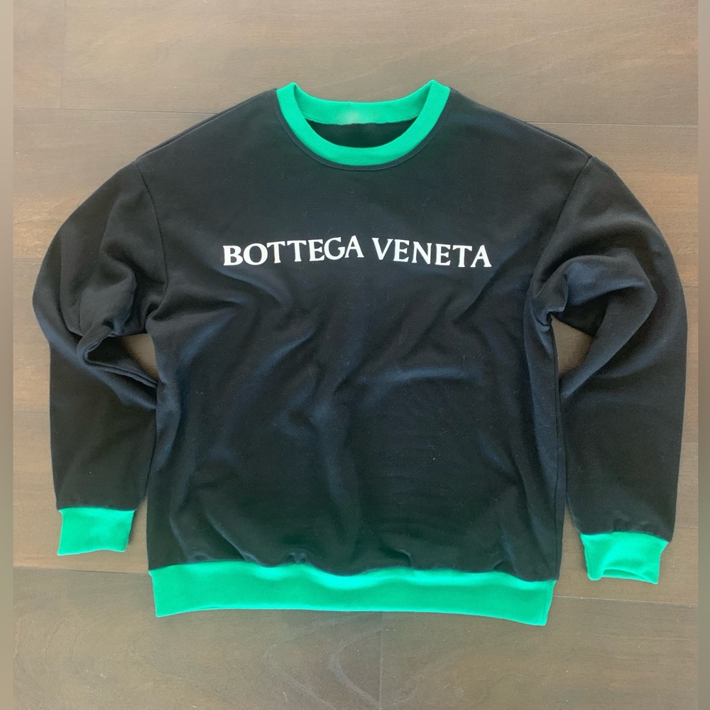 Vintage (80s-90s) BOTTEGA VENETA Black Logo Crewneck Sweatshirt with Green Trim